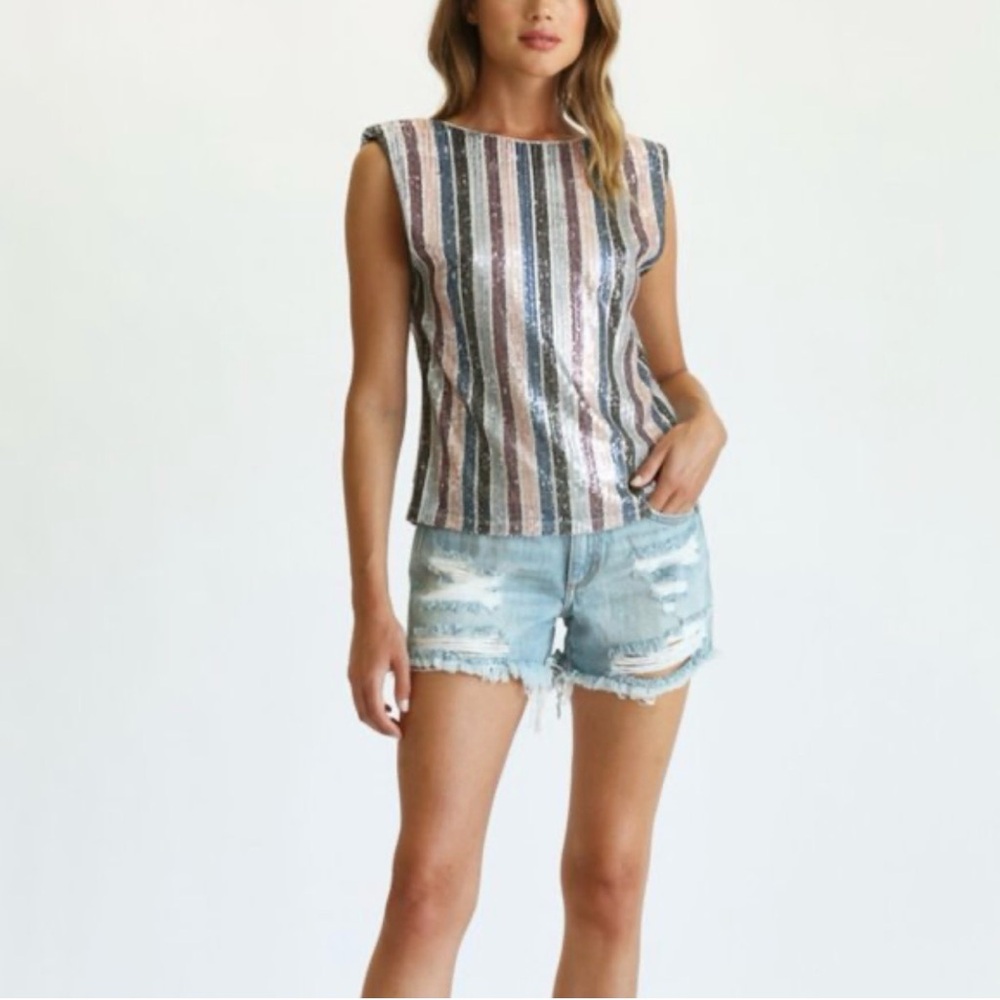 Fate Disco Striped Sequin Top with Shoulder Pads Small